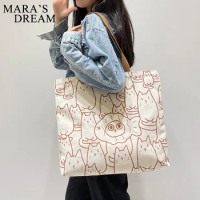 Mara's Dream Cartoon Pattern Canvas Bag Bear, Cat, Tiger Canvas Bag Cute Shoulder Bag Large Capacity Storage Handbag Casual Bags