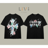 Áo Thun Cotton, Trái Tim Crôm Colormix Graffiti Chữ Thập, Chất Lượng Cao, Hình Dạng Rộng, LiVi Store