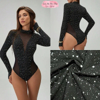 Bodysuit nữ tay dài đính kim sa lấp lánh cổ cao phối lưới quyến rũ