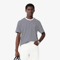 【LACOSTE】男裝-條紋重磅棉質短袖T恤(白色/海軍藍條紋)