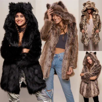 Women's Woolen Coat Cute Hat Long Leopard Fur Windbreaker Women's Fur Collar Warm Thickened Cashmere Inner Coat Jacket for Women
