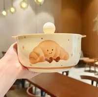 Mangkok / Mangkuk Keramik dengan Tutup Kaca Gambar Roti/Alpukat Roti