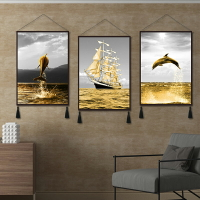 客廳裝飾畫北歐沙發背景墻畫現代簡約壁毯黑白金色帆船海豚魚掛毯