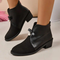 Women Chunky Luxury Chelsea Zipper Boots Female Mid Heels Pearl Suede Shoes Design Winter New Pointed Toe Snow Ankle Boots Pumps