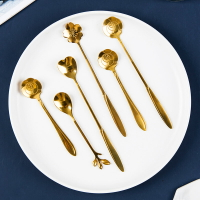 不銹鋼勺子家用韓式長柄勺咖啡勺甜點勺愛心金色櫻花瓣小勺攪拌棒