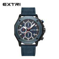 Extri Fashion Blue Mens Watches Leather Quartz Wrist Watch Man Business Watch Calendar Date Luminous Male Casual Bracelet Clock
