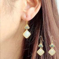 【LEESA】女飾品\珐琅耳環\漸變和田玉\蓮花飾品\耳環\耳勾\和田玉耳環\純銀耳環\高級感\古風\民