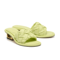 【HELENE_SPARK】無境夏日極柔皺感編織全真皮金框高跟拖鞋(綠)
