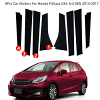 8Pcs/Set Carbon Fiber Black Door Window B Column Pillar Trim Stickers For Honda Fit/Jazz GK5 3rd GEN 2014-2017 Car Sticker C603