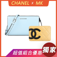 展示品 CHANEL康朋雙C LOGO格紋羊皮卡片夾(黑x米)+MK斜背包