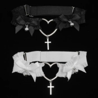Women Cute Garter Belt Lolita Handmade Lace Heart Punk Leg Ring Gothic Statement Bow Knot Bell Necklace Wedding Bridal Suspender