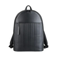 【Paul Smith】PAUL SMITH經典壓印銀箔字LOGO直線條紋設計牛皮雙層拉鍊手提後背包(黑)