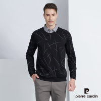 Pierre Cardin皮爾卡登 男款 襯衫領假兩件印花長袖POLO衫-黑色(5225294-99)