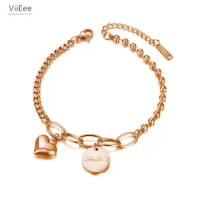 ViiEee Fashion Stainless Steel Smile Tag Heart Charm Bracelet For Women Bohemia Rose Gold Chain Link Bracelet Jewelry VB20086