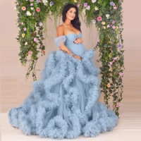 Dusty Blue Ruffled Tulle Maternity Gown Off the Shoulder Fluffy Long Pregnancy Photoshoot Dress Extra Puffy Photography Dresses