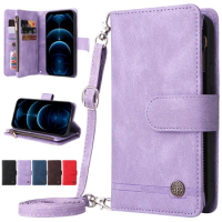 Zipper Wallet Multi Card Slots Case For OPPO Reno 8 Lite Reno7 Pro 7 SE 5Z 4Z F21 Pro Find X5 Lite A74 Phone Cover With Strap
