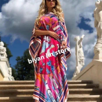 Kuwait exclusive Real Silk Dress Length:130cm Bust:130cm New Fashion Print Dashiki Women Long Dress/gown Kaftan silk dress