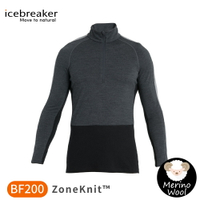 【Icebreaker 男 ZoneKnit 網眼透氣保暖半開襟長袖上衣 BF200《深灰/黑》】0A56H9/排汗衣/內層衣