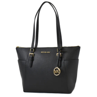 【Michael Kors】CHARLOTTE 金字防刮皮革拉鍊托特包-黑色/大
