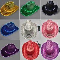 50pcs EL Wire Flashing Light Up Cowboy Hat LED Sequin Cowgirl Shiny Night Hat Luminous Caps Halloween Costume Party Accessories
