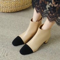 Genuine Leather Round Toe Chelsea Boots Mixed Colors Square Heels Women's Shoes Zip Concise Martin Boots Fashion Ladies Pumps