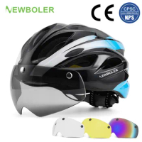 NEWBOLER Bicycle Helmet Man Women LED Light Helmet Road Mountain Bike Helmet Removable Lens Riding Cycling Helmet With Goggles