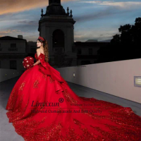 Princess Ball Gown Quinceanera Dress Lace Applique Sequins Mexican Sweet 16 Dress Off Shoulder With Bow Vestidos De 15 Años