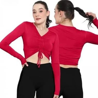 Kaos Olahraga Wanita Crop Top Serut Depan - Atasan Senam Gym Yoga Fitness Aerobic Lengan Panjang By 