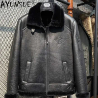 AYUNSUE Nature Fur Coat Men's Motorcycle Sheepskin Real Leather Jacket Flight Jacket Lapel Thick Fur Jacket De Cuero Genuino FCY