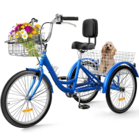 2024 New Adult Tricycle, 24 &amp; 26 Inch 3 Wheel Bikes, 1 Speed Trike Bike for Adults with Removable Baskets, Cruiser Bike