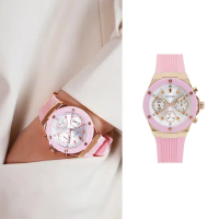 【GUESS】粉紅色系 白面 玫瑰金框 三眼日期顯示腕錶 矽膠錶帶 手錶 情人節(GW0030L4)