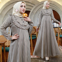 Baju Gamis Perempuan Cewek Motif Salur kotak Garis Korea Panjang Katun Rayon