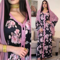 AB074 Long Dress Floral Abaya Woman Khimar Muslim Female Jalabiya Arabic Clothing World Apparel Mother&amp;Daughter Matching Outfits