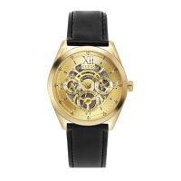 【GUESS】金色系 三眼日期顯示腕錶 鏤空錶盤 黑色亮皮革錶帶 手錶 母親節(GW0389G2)