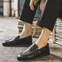Italian Mens Dress Shoes Loafers Double Monk Strap Shoes for Men 2024 Black Business Shoes Men Chaussure Homme Zapatos De Hombre