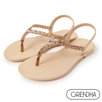 (夏日休閒推薦鞋)Grendha 晶鑽鍊帶時尚夾腳涼鞋-米白