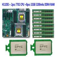 ForSupermicro H11DSI rev2.0 Motherboard Socket SP3 +2* EPYC 7702 64C/128T CPU Processor +8* 32GB = 256GB DDR4 3200mhz RAM Memory