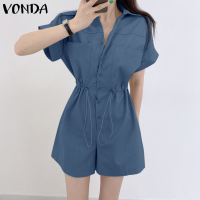 (จัดส่งฟรี)Fancystyle VONDA จั๊มสูทแขนสั้นผู้หญิงจั๊มสูทมีปกติดกระดุม