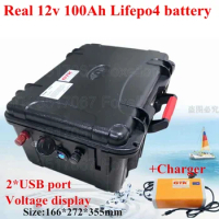 12v 100Ah LIfepo4 battery pack Waterproof case 12v 100Ah LIfepo4 for Outdoor boat motor UPS power 2 USB + 10A charger
