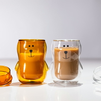 雙層可愛小熊玻璃水杯個性咖啡杯耐熱牛奶杯果汁杯帶蓋隔熱杯子