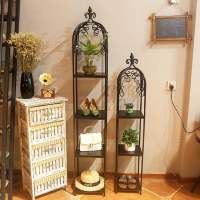 鐵藝實木落地式花盆架收納架置物展示架（黑色，四層實木板,30*30*170cm) 