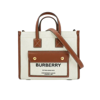 【BURBERRY 巴寶莉】Freya 帆布拚牛皮手提兩用托特包-迷你(8044143-米棕)