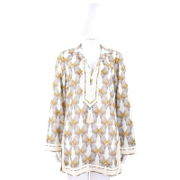 TORY BURCH 鸚鵡印花菱格紋純棉米色流蘇飾長袖上衣