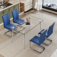 5 Pcs Glass Dining Room Set, 4 Blue Dining Chairs, 1 Dining Table