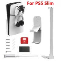For PS5 Slim Holder Wall Mounted Console Stand with 2 Controller Headset Hook Wall Mount Storage Bracket for PlayStation 5 Slim