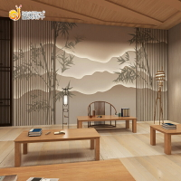 新中式竹林山水壁畫古風仿真屏風客廳茶室裝飾墻紙采耳館前臺壁紙