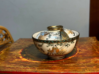 日本中古回流明治時期九谷燒重金蒔繪人物花草手點青粒地包天茶碗