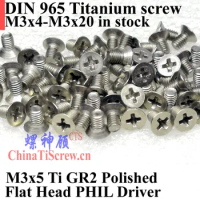 DIN 965 M3 Titanium screws M3x4 M3x5 M3x6 M3x7 M3x8 M3x9 M3x10 M3x12 M3x14 M3x16 M3x20 Flat Head PHIL driver Ti GR2 Polished