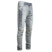 New Vintage Blue Biker Jeans Men's Ripped Beggar Pants Hip Hop Casual Pants
