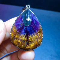 Natural Purple Cacoxenite Auralite 23 Water Drop Pendant Gold Rutilated 34.6/26.4mm Beads Jewelry AAAAA